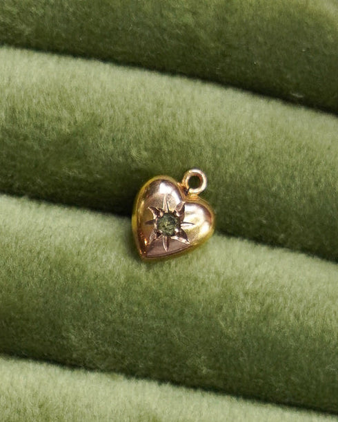 A 9ct Rosy Gold Tiny Heart Charm - Green stone