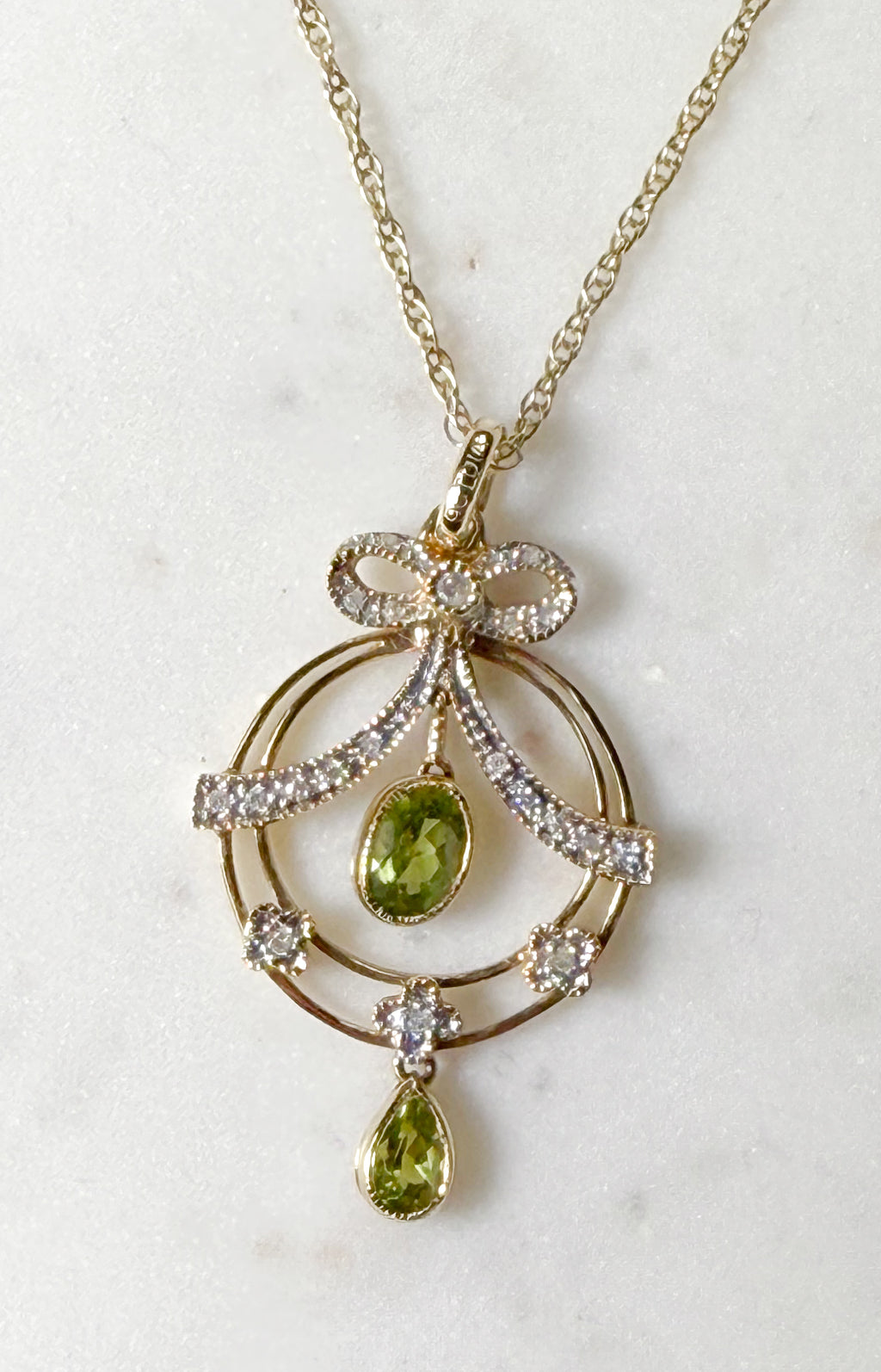 Diamond and Peridot Bow Pendant and Chain