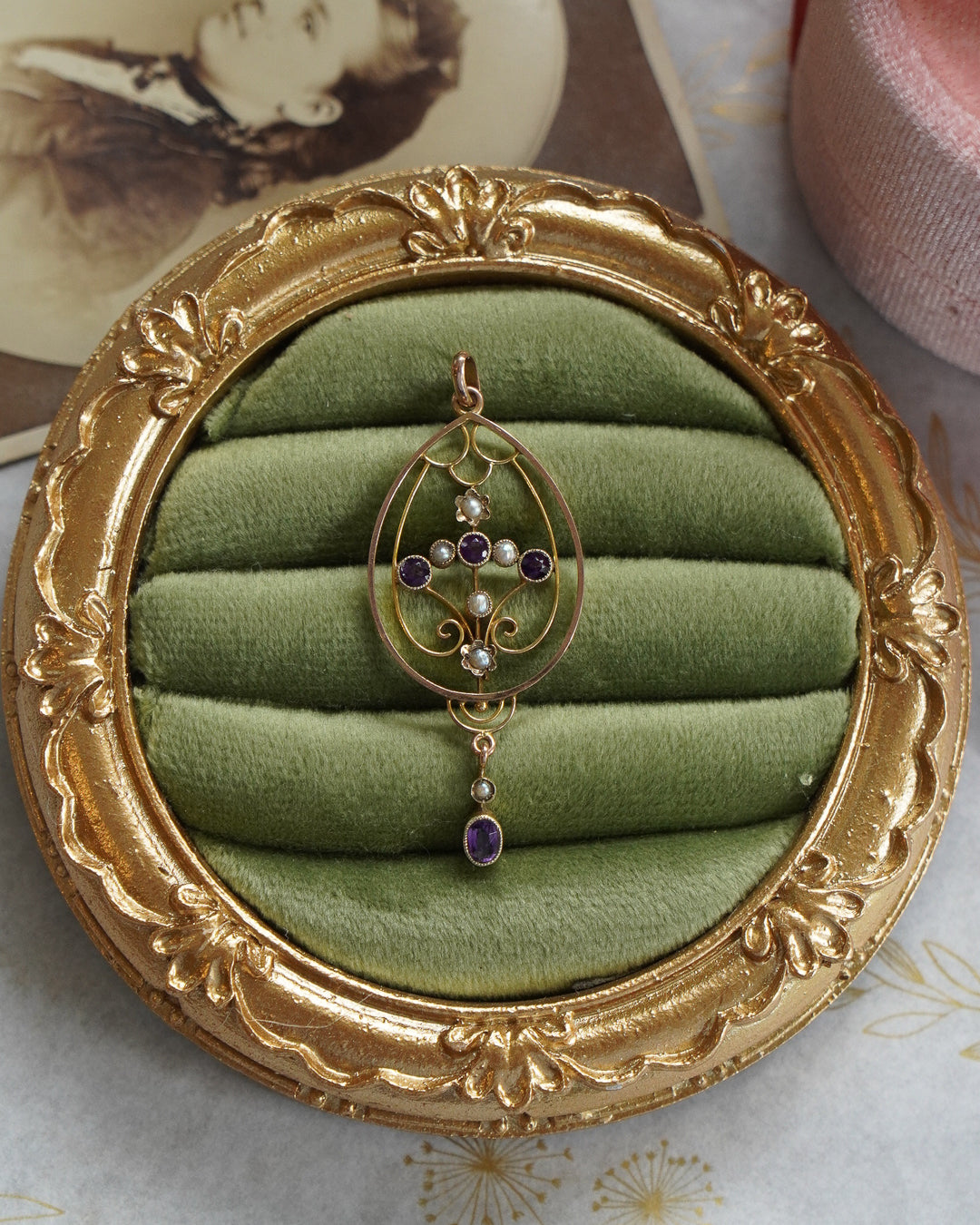 Amethyst and Split Pearl Two-tone Art Nouveau Pendant