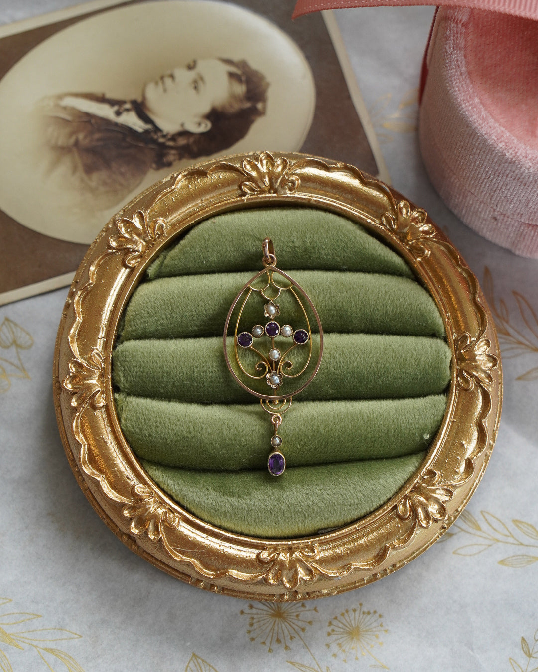 Amethyst and Split Pearl Two-tone Art Nouveau Pendant