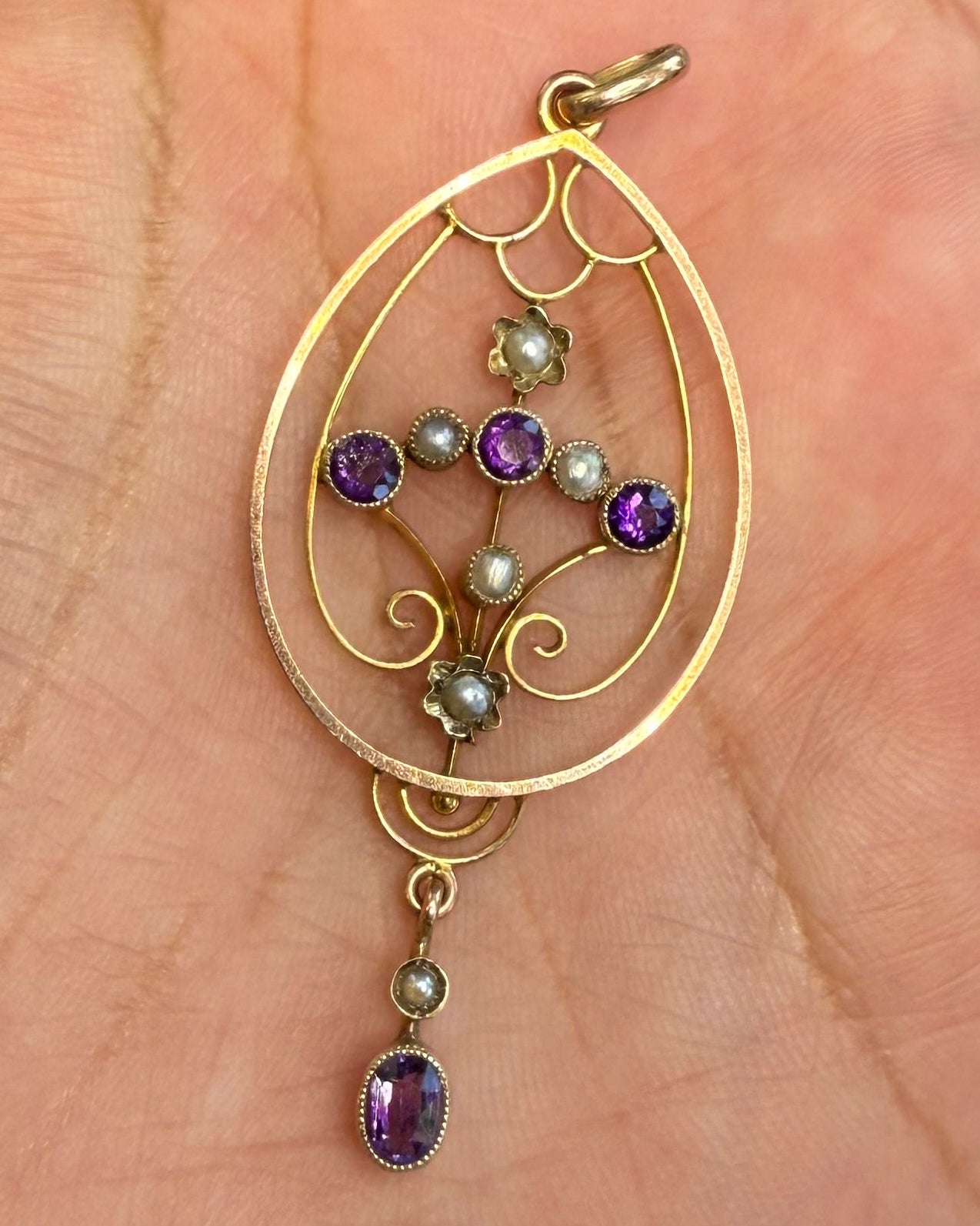 Amethyst and Split Pearl Two-tone Art Nouveau Pendant