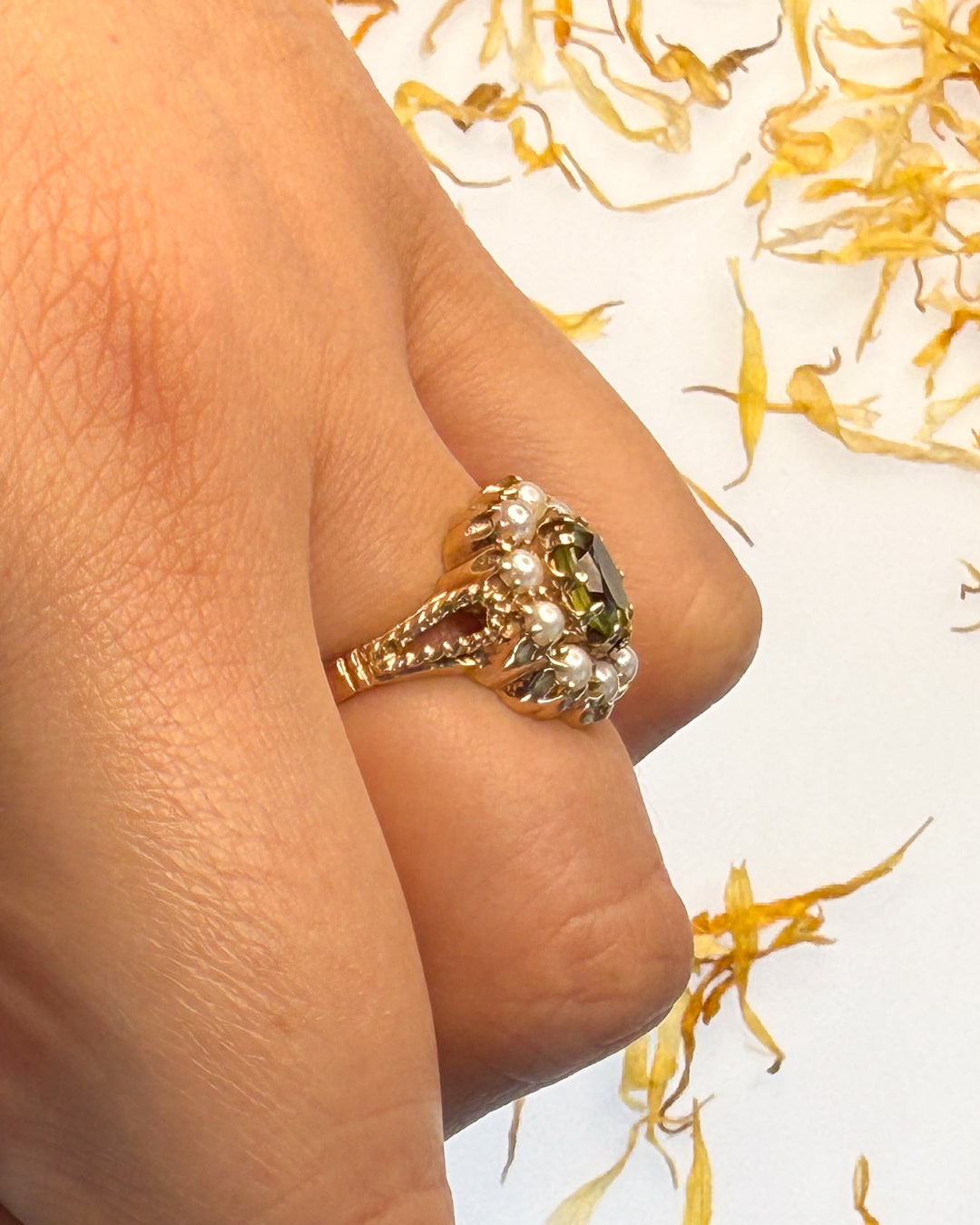 Vintage Stunner - Peridot and Pearl Ring
