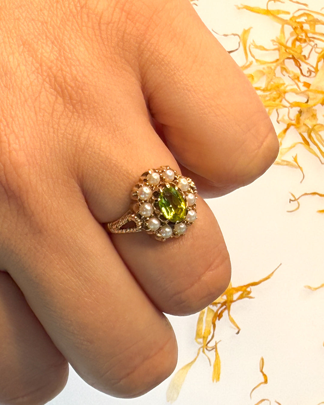 Vintage Stunner - Peridot and Pearl Ring