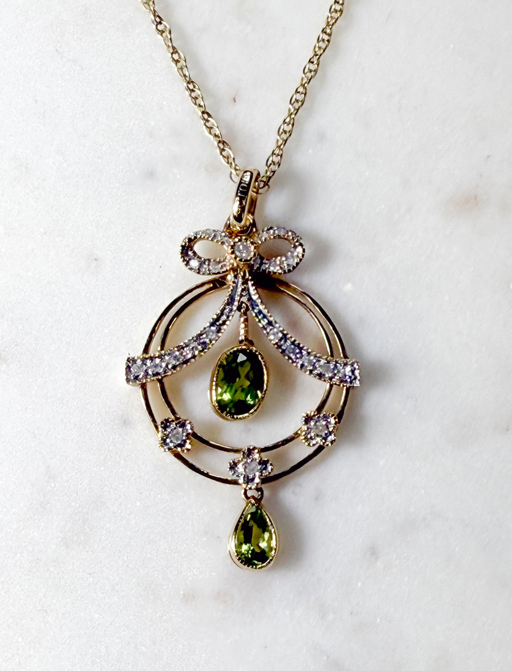 Diamond and Peridot Bow Pendant and Chain