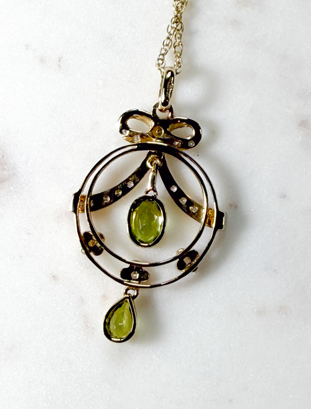Diamond and Peridot Bow Pendant and Chain