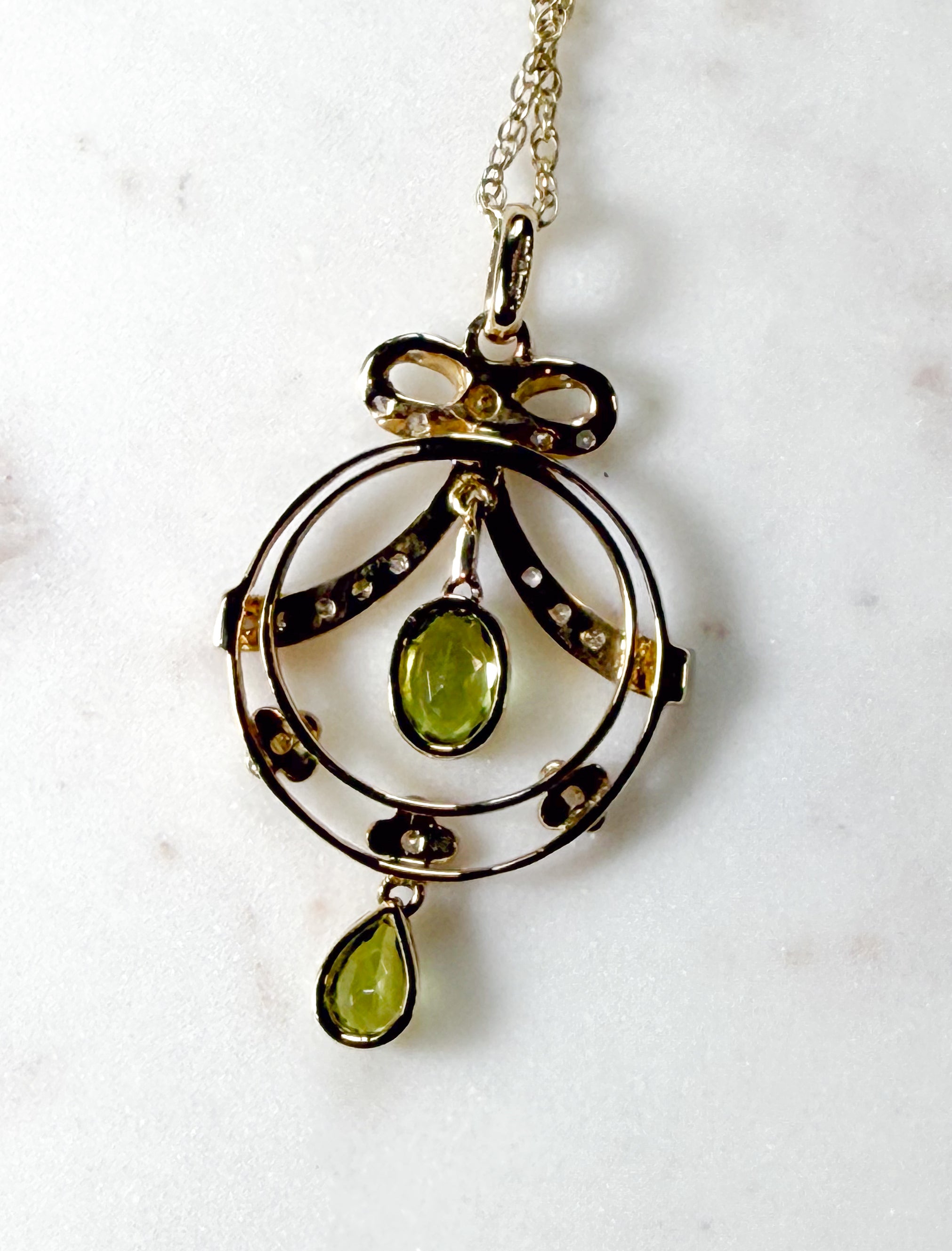 Diamond and Peridot Bow Pendant and Chain