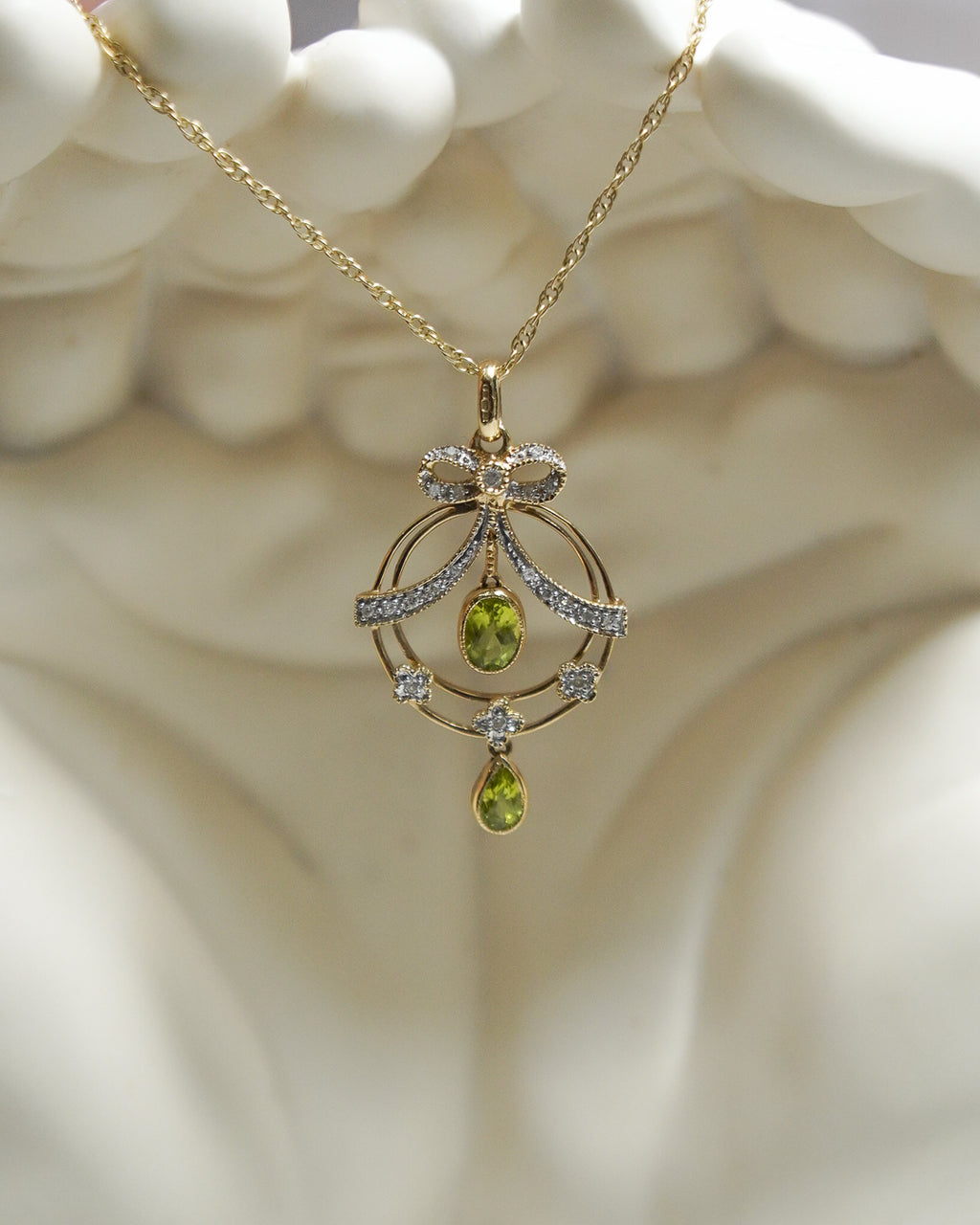 Diamond and Peridot Bow Pendant and Chain