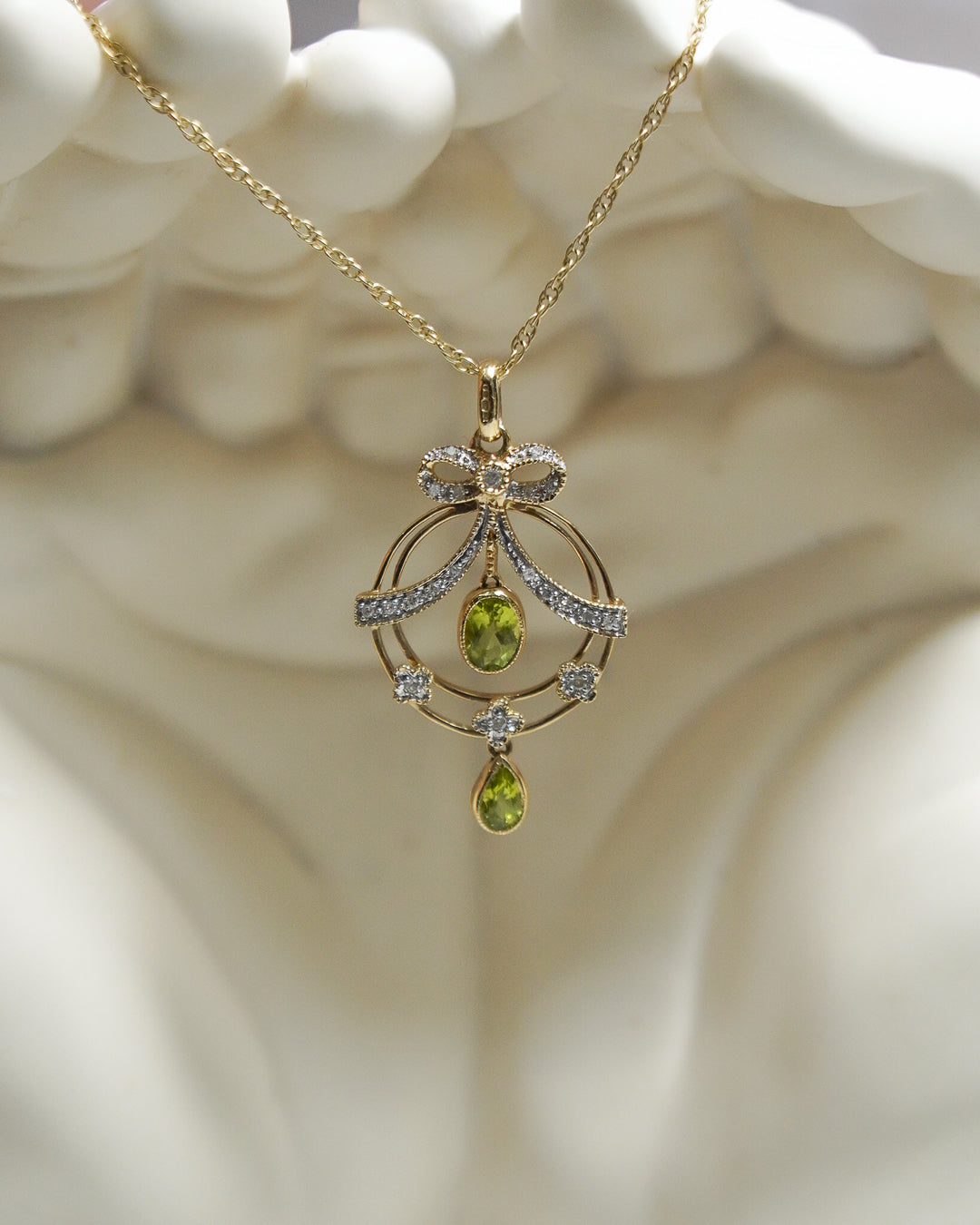 Diamond and Peridot Bow Pendant and Chain