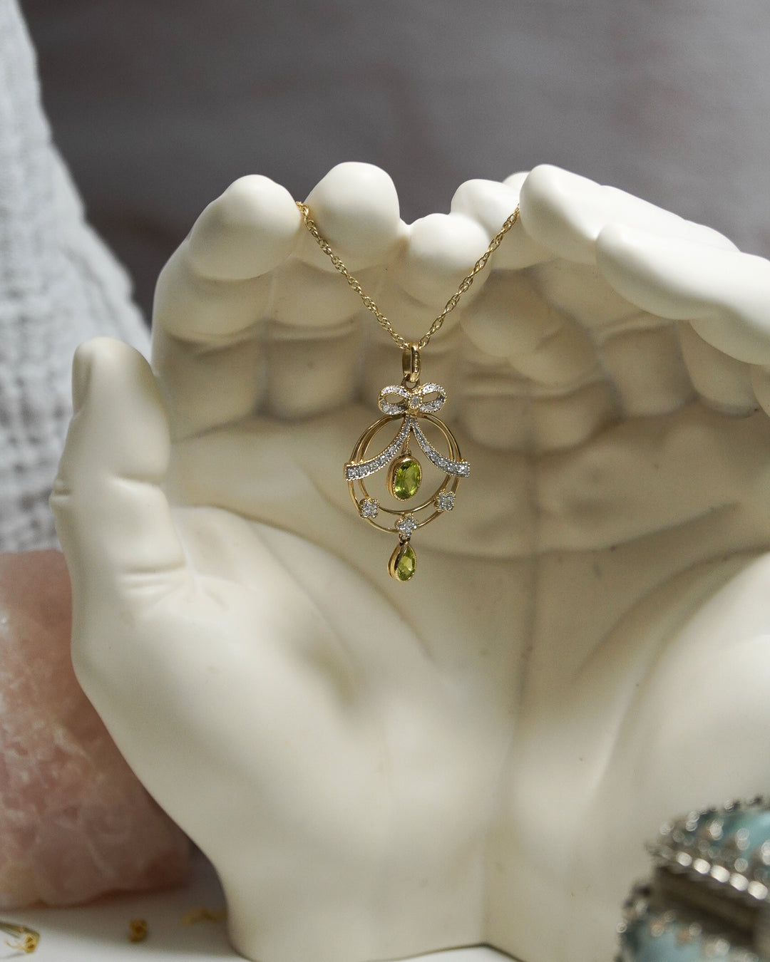 Diamond and Peridot Bow Pendant and Chain