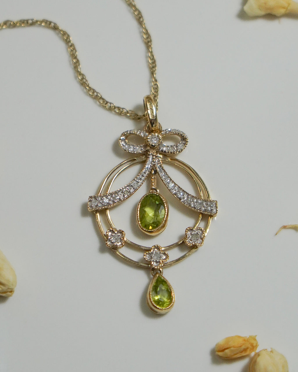 Diamond and Peridot Bow Pendant and Chain