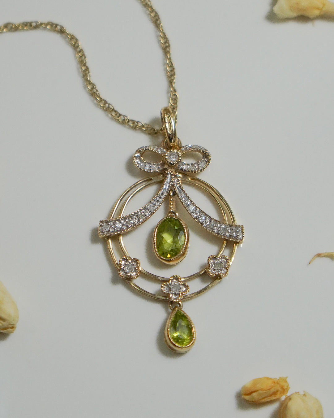 Diamond and Peridot Bow Pendant and Chain