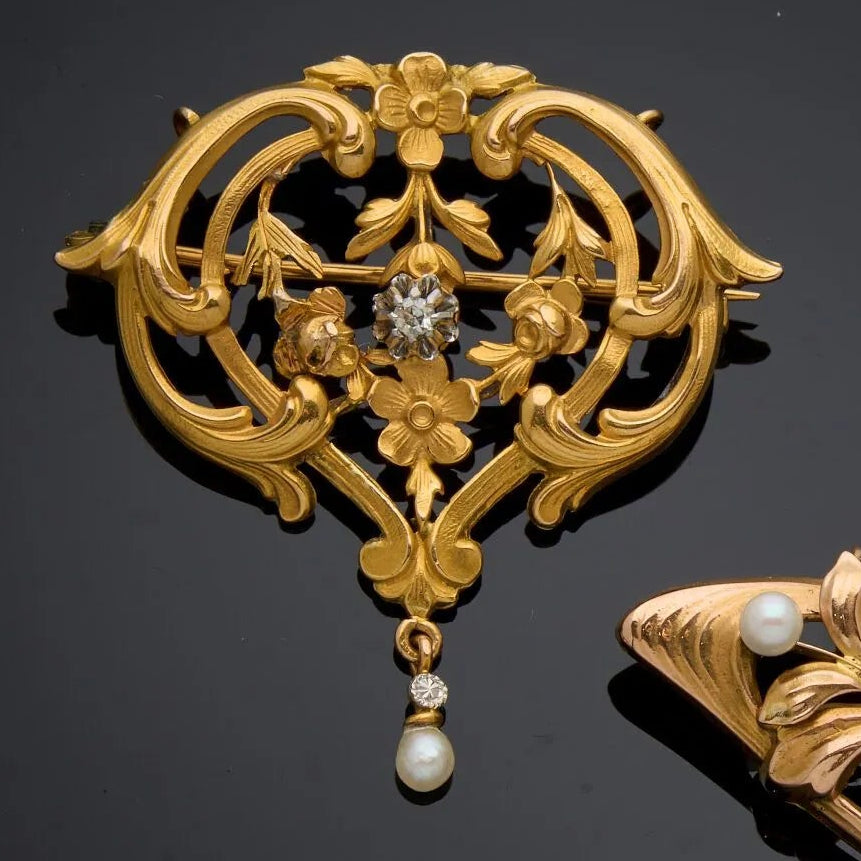 French Diamond and Pearl Brooch